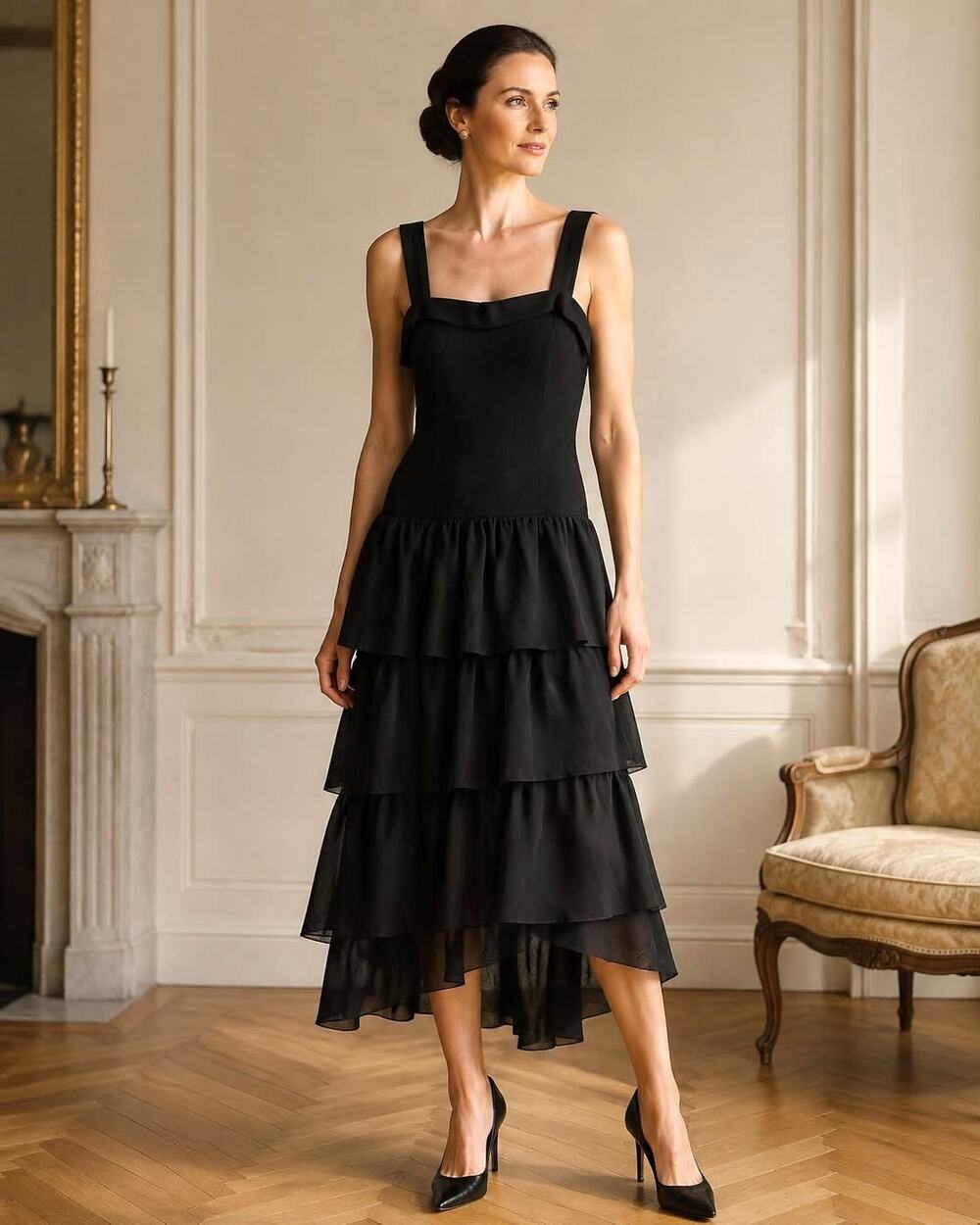 Vintage St. John Evening for Saks Fifth Avenue Black Tiered Ruffle Dress Size 10